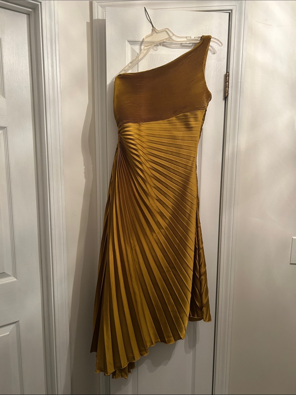 One-Shoulder Pleated Midi Dress in Mustard Gold